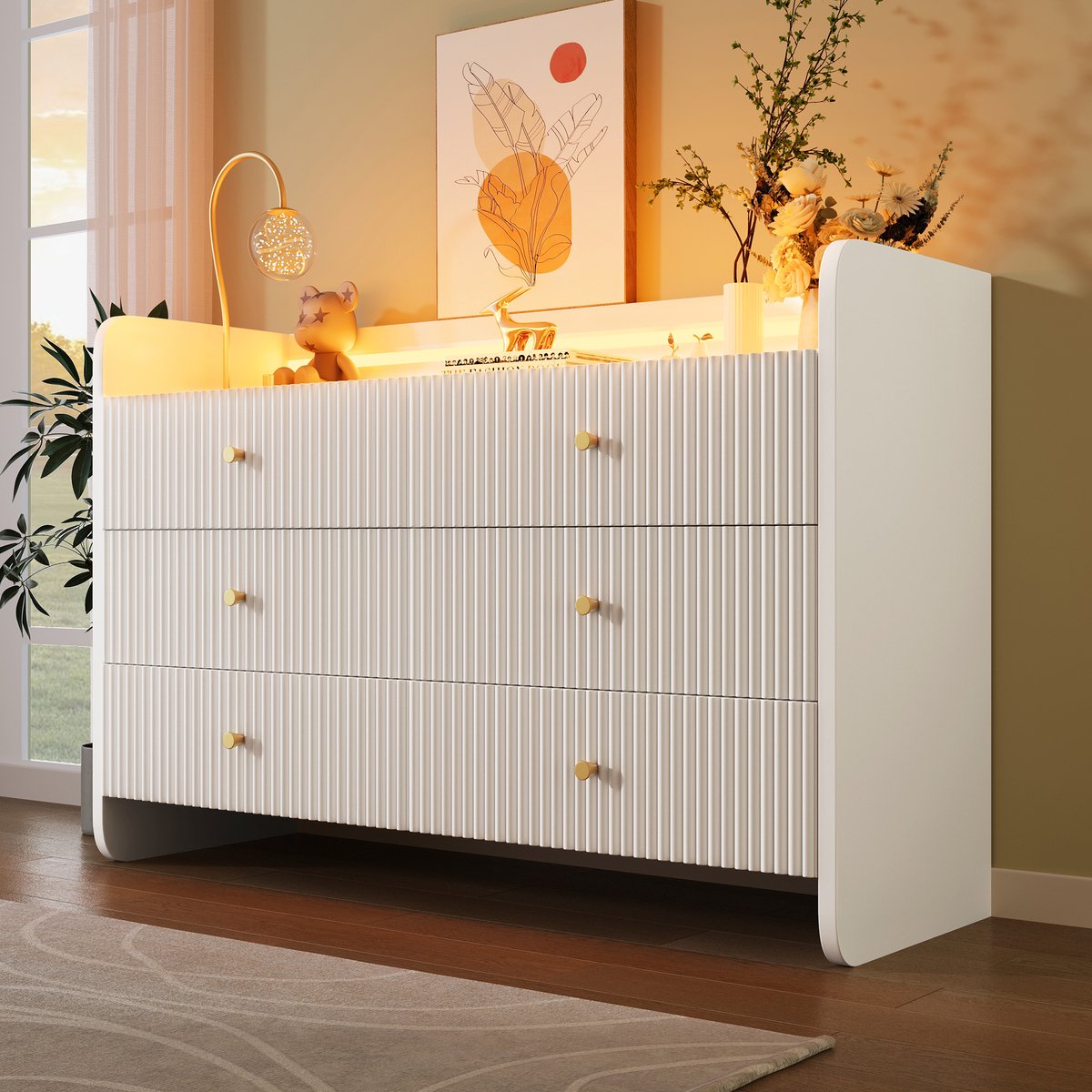 REDOM Dressoir 120x40x75 cm van spaanplaat en metaal, modern ontwerp met LED-verlichting en 6 laden Wit(Stijl 3)