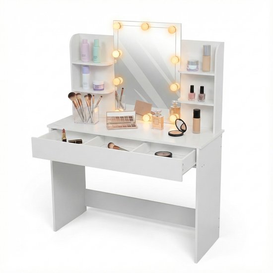 Monza Home® Make-up Tafel – Kaptafel met Spiegel & Verlichting – Lade met 3 vakken - Wit