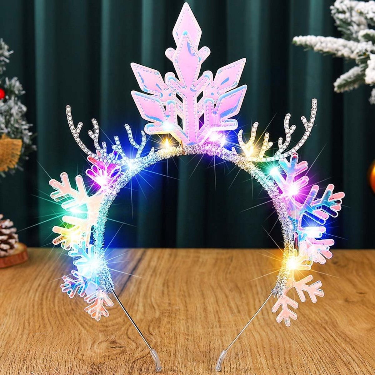 Gloeibare Rendier Gewei Kerst Haarband met LED Sneeuwvlokken - Feestelijke Accessoire