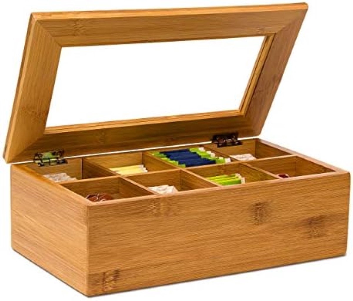 Bamboe Theebox met 8 Vakken en Transparant Dekse