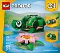 LEGO Creator 3in1 doos met de titel 'Turtle with a Waterlily'. Toont een schildpad, kameleon en kikker.