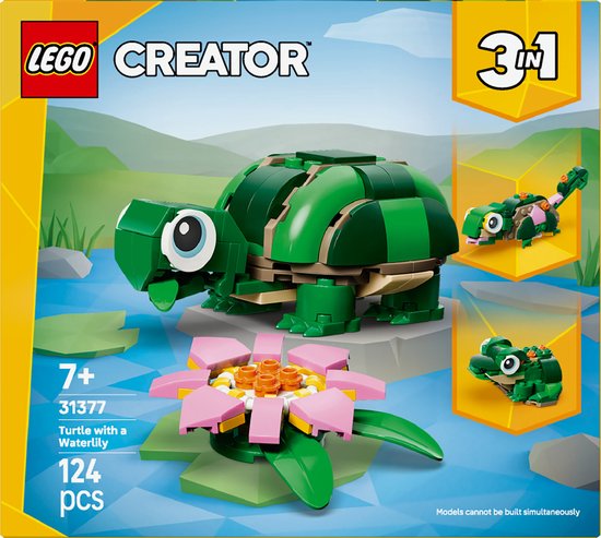 LEGO Creator 3in1 doos met de titel 'Turtle with a Waterlily'. Toont een schildpad, kameleon en kikker.