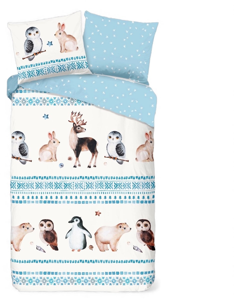 Bedsupplies - Dekbedovertrek Winter Friends - 140x200/220 - Flanel - Blauw/Wit