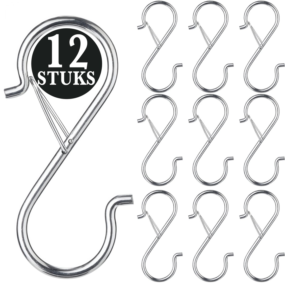 12 Stuks Zilver Metaal S Haken met Veiligheidssluiting - 10cm Lengte - Ophanghaken - Haakjes voor Keuken, Badkamer & Tuin - Kledinghangers - Jashaak Hangers - Handdoekhaakjes - Keukengerei Organizer Haak - Kapstok S-haken - Vleeshaken - Muurhaak