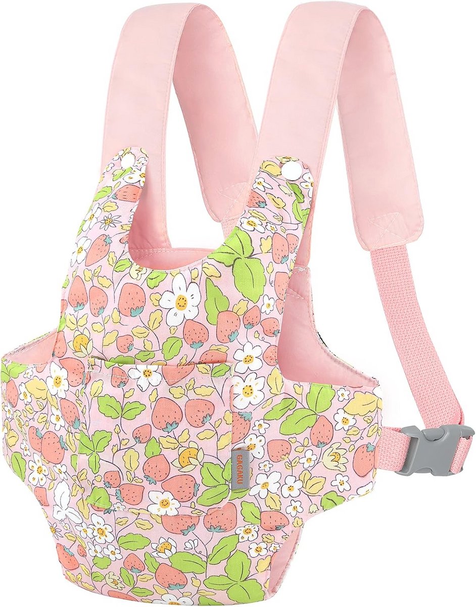 Poppendrager voor peuters - buikdrager voor babypoppen en knuffels - roze met aardbei