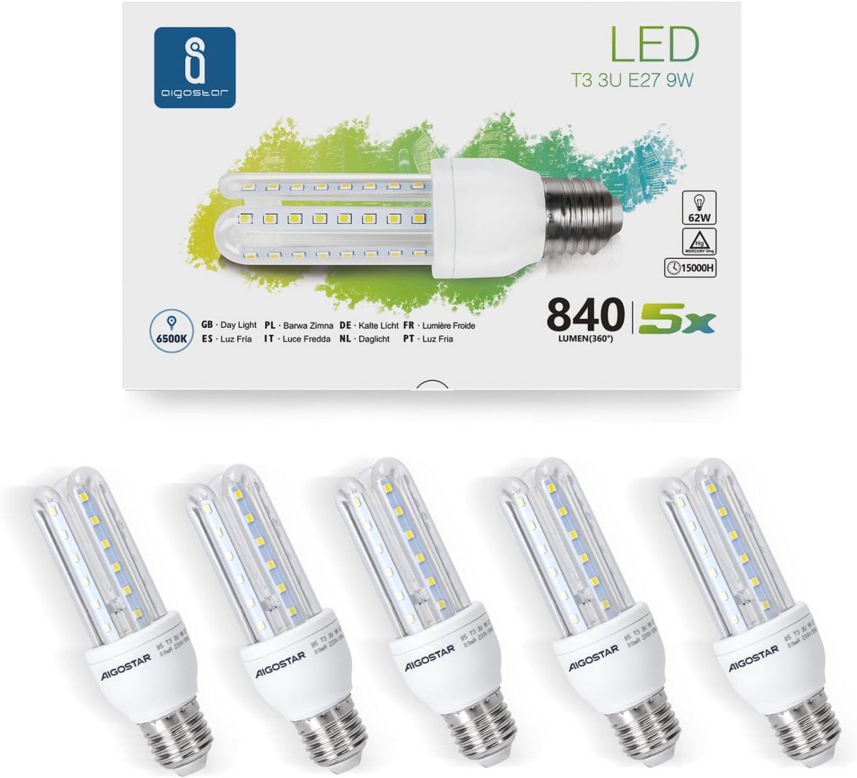 LED lamp T3 3U E27 - 9W, 840 Lumen, 360° stralingshoek, koud wit licht 6500K, set van 5