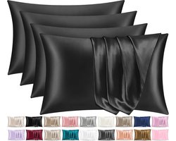 Pamposh Satijnen zijden kussenslopen voor haar en huid, set van 2 standaardformaat met envelopsluiting (middernacht zwart, 4 kussenslopen (50 x 75 cm))