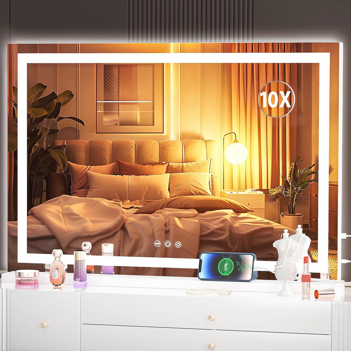 Verlichte Make-upspiegel met Dimbare LED en Touchscreen Bediening, 80 x 50 cm