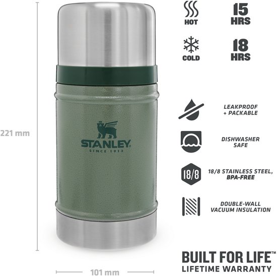 Le pot alimentaire Stanley Classic vert de 0,7 L avec couvercle argenté et bande vert foncé. Dimensions : 221 mm de haut, 101 mm de large. Icônes indiquant 15 heures chaud, 18 heures froid.