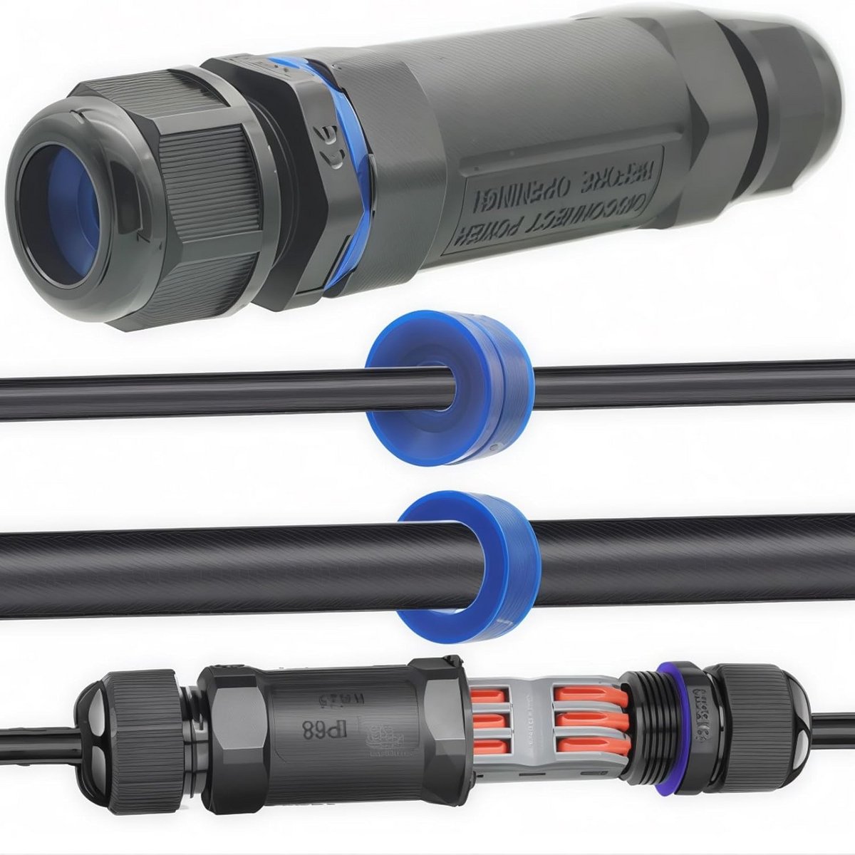 Waterdichte kabelconnector IP68 met 3-pins aansluitblok - Elektrische verlengkabel connexie voor binnen & buiten