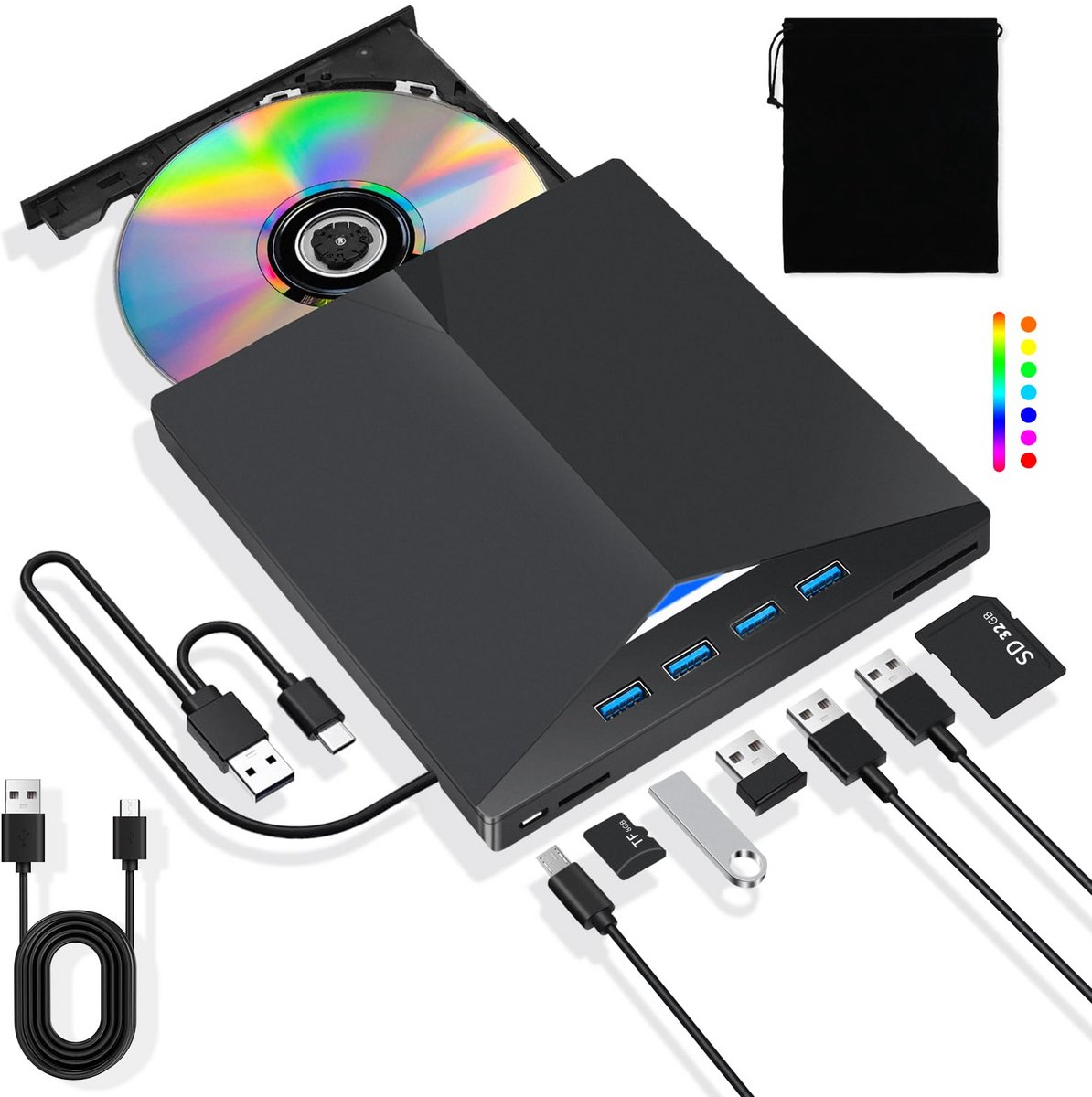 Draagbaar extern station - CD-lezer - DVD-speler Schijfbrander - HUB 8in1 USB-C 3.0 SD/Micro SD-kaartlezer - Plug & Play External voor Mac OS, Laptop, PC Windows 11/10/8/7/XP/Vista/Linux, Zwart