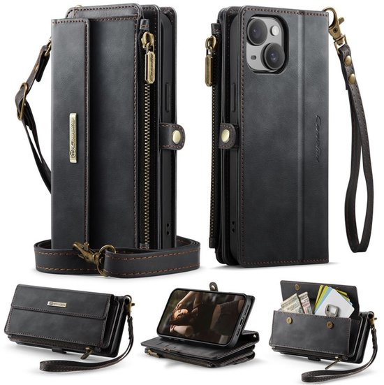 Étui de téléphone noir avec poche zippée et bracelet, avec téléphone placé dedans.