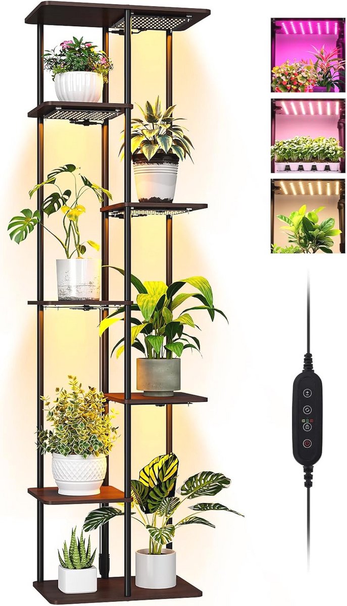 Houten Kamerplantenstandaard met Kweeklampen en Timer | 7 Niveaus voor Optimaal Plantenlicht