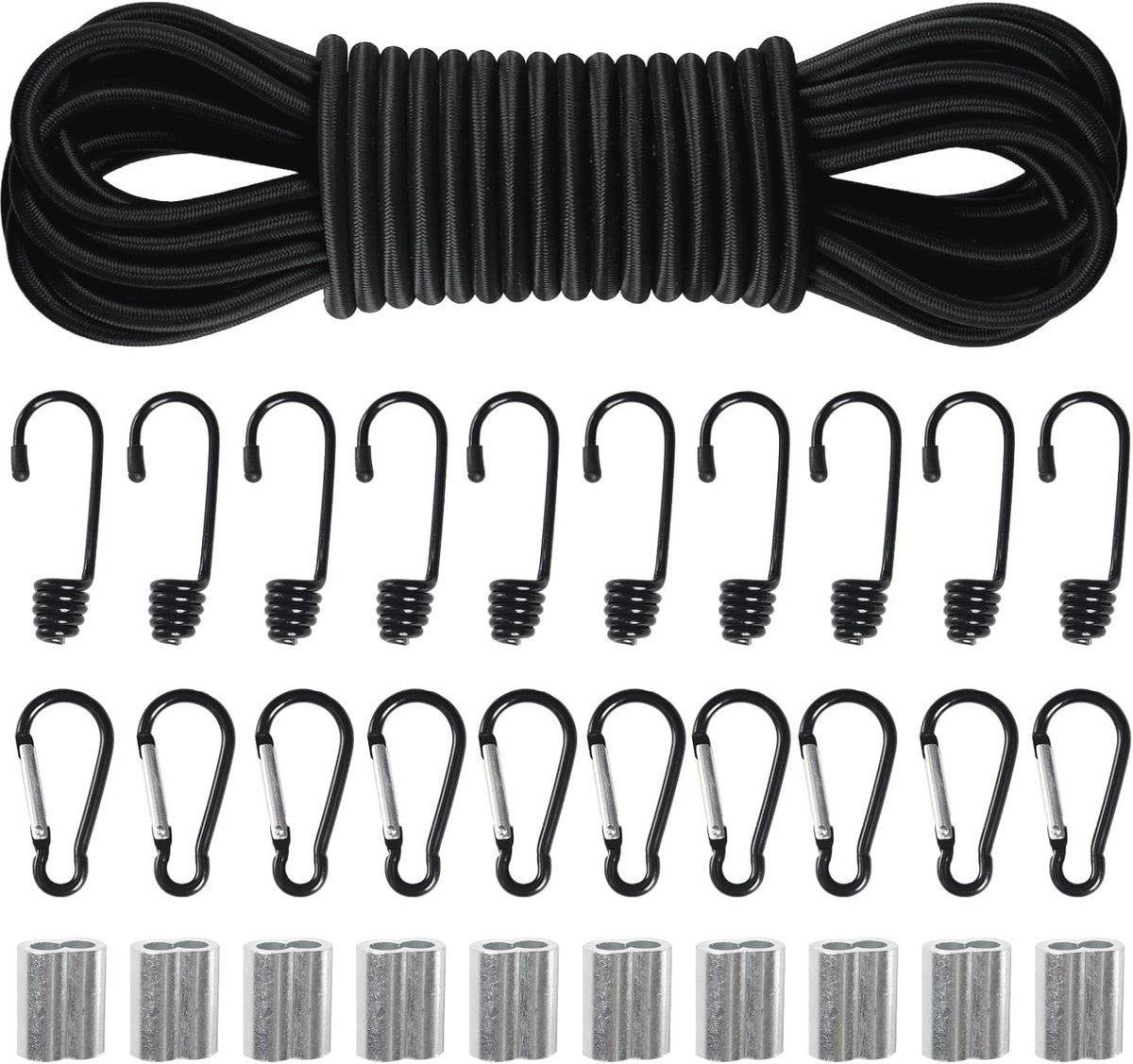 Elastisch Rubberen Touw 8 mm - 10 m met Haken en Klemmen voor Zeilen en Camping