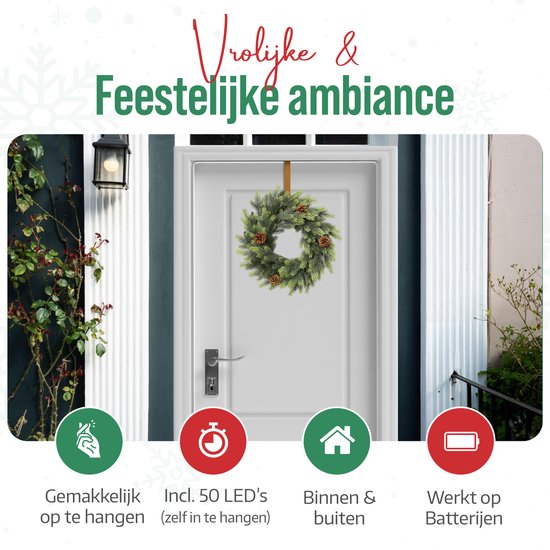 Meisterhome® Kerstkrans 50 cm – Inclusief 50 LED Lampjes – Elegante Gouden Ophangbeugel – Geschikt voor Binnen & Buiten - Kerst krans