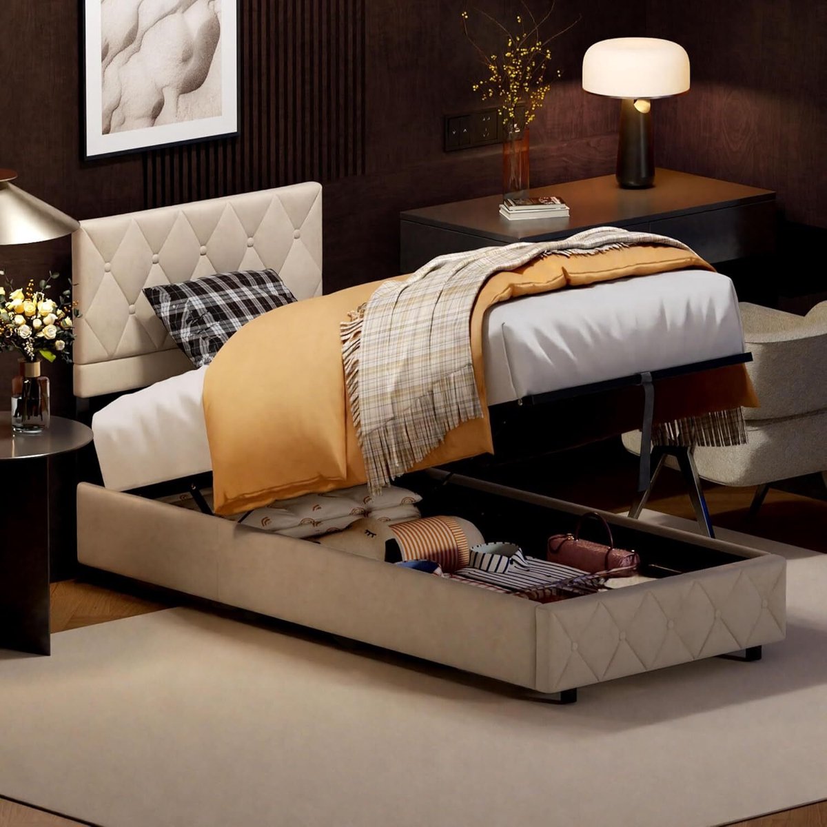 Wishdor Gestoffeerd eenpersoonsbed 90x190 cm beige met zacht hoofdbord, hoog frame met opbergruimte, zonder matras