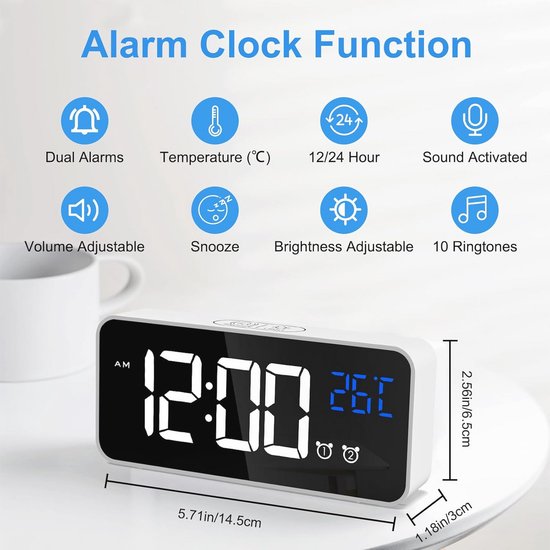 Digitale wekker, met houten elektronische LED-tijdweergave, 3 alarm, 2,5 inch kubieke kleine mini houten elektrische klokken voor slaapkamer, nachtkastje, bureau, wit