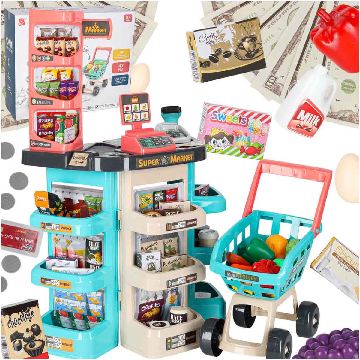 Playos® - Speelgoedwinkeltje - Inclusief Accessoires - Kassa - met Geluid - Winkelwagen - Speelgoedkassa - Rollenspel - Speelgoed Winkeltje - Sinterklaas