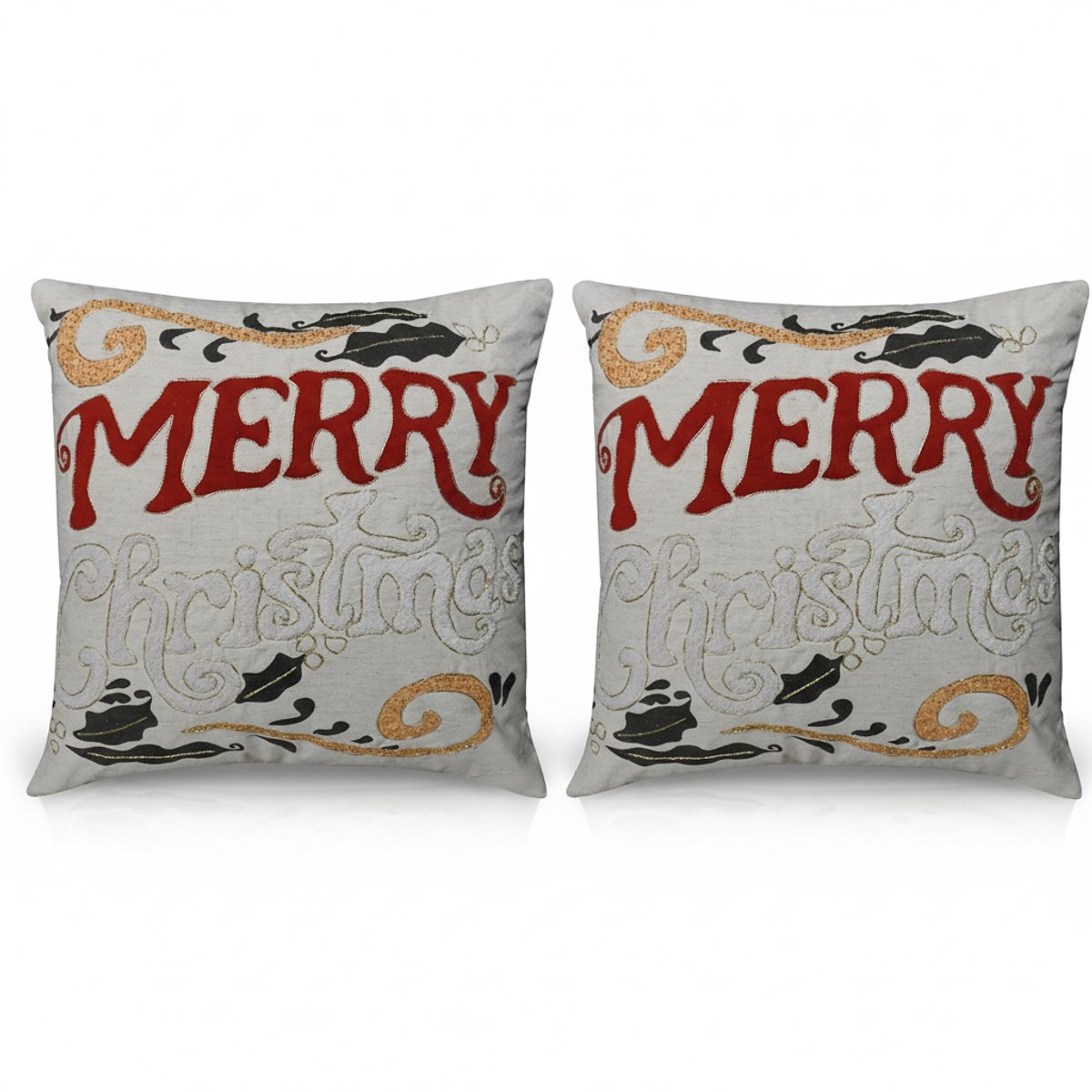 Kerstkussen Set van 2 Kerst Kussenhoezen Vierkant - Kerst Kussenhoes - Kussenhoesjes voor Kerst - Kerstkussens met Borduurwerk & Kralenwerk Merry Christmas met Hulst - 45x45 cm - Katoen/Linnen - Voor Binnen - Rood/Wit - Zonder Binnenkussen – foto 2