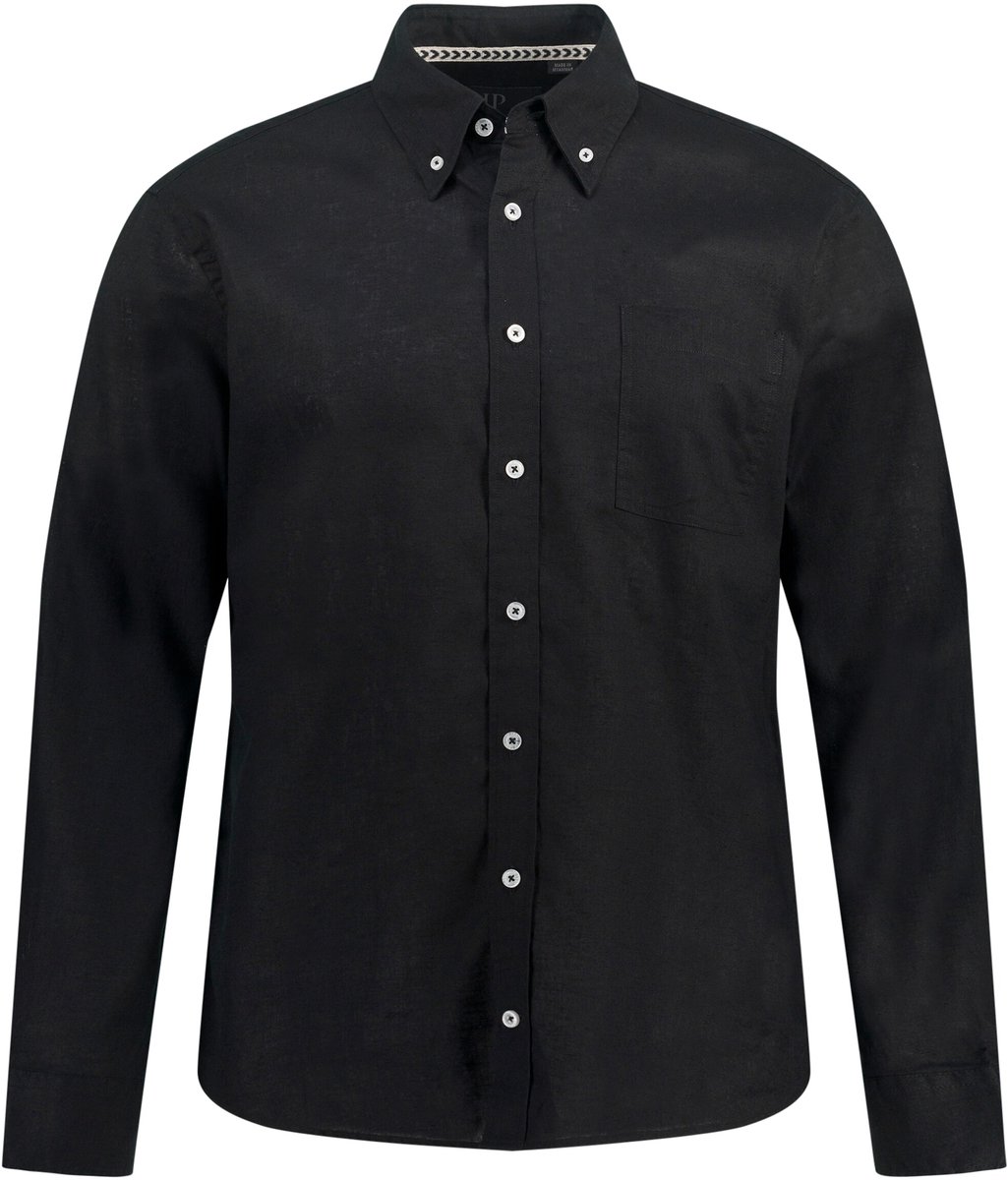 JP 1880 - Heren - Overhemd van een linnenmix lange mouwen button-down kraag - Zwart - Maat 3XL