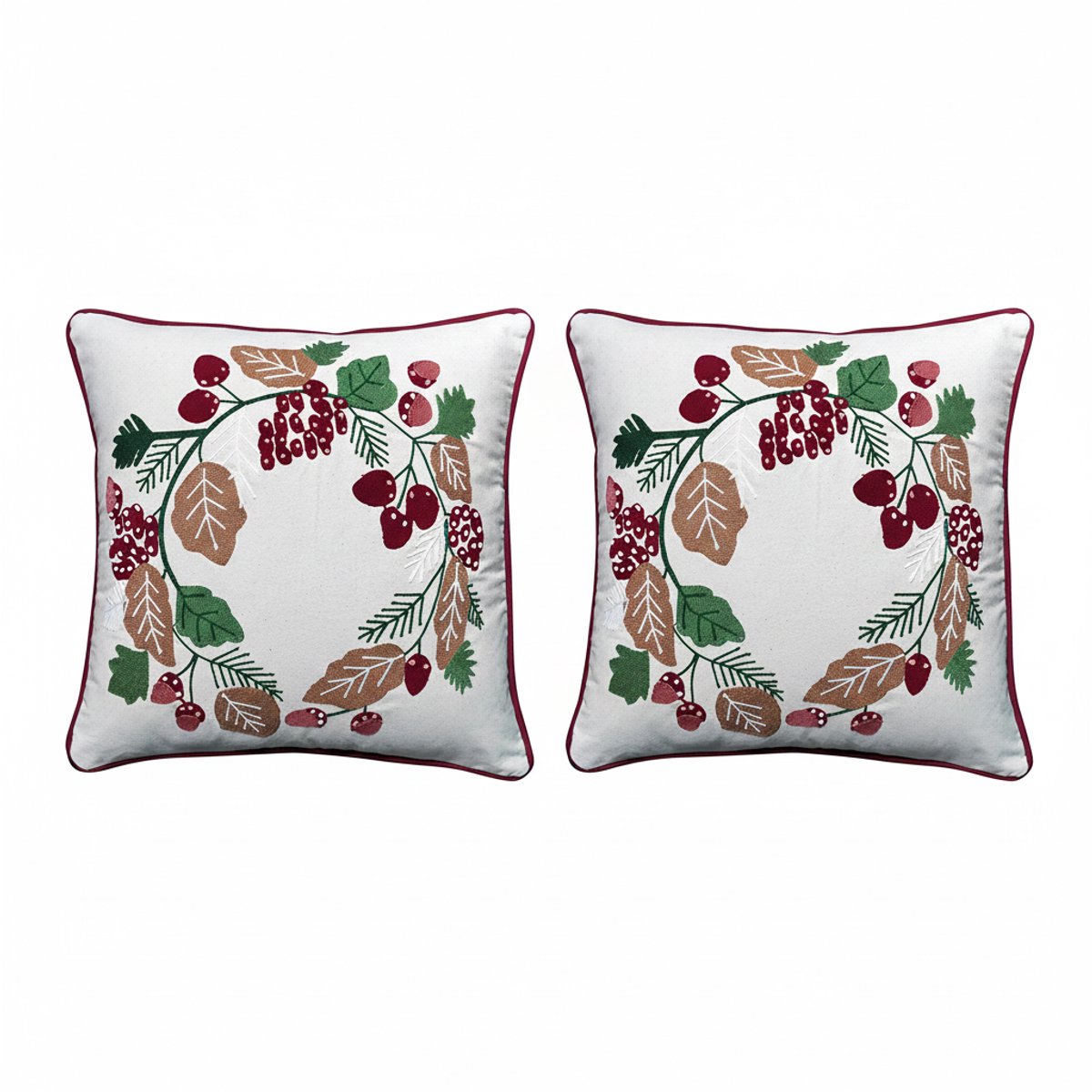 Kerstkussen Set van 2 Kerst Kussenhoezen Vierkant - Kerst Kussenhoes - Kussenhoesjes Geborduurd met Biezen - Kerstkussens met Kransontwerp - 45x45 cm - Katoen - Veelkleurig - Zonder Binnenkussen – foto 2
