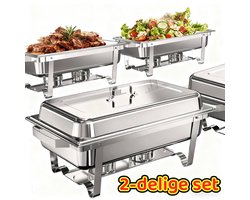 Chafing Dish Set, 8 Qt 2-Pack, Geen Montage, Satijn Afwerking RVS met 3/1 Maat Pannen,Deksel, Waterpannen, Opvouwbare Standaards en Brandstofbakken, Catering Warmers - Alleenvoor Koken