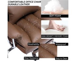 Ergonomische bureaustoel Novihome Luxe PU-leer Bruin – Managersstoel met hoge rugleuning, verstelbare lendensteun, voetensteun, 360° draaibaar, voor kantoor en thuiswerk, draagbaar tot 200 kg