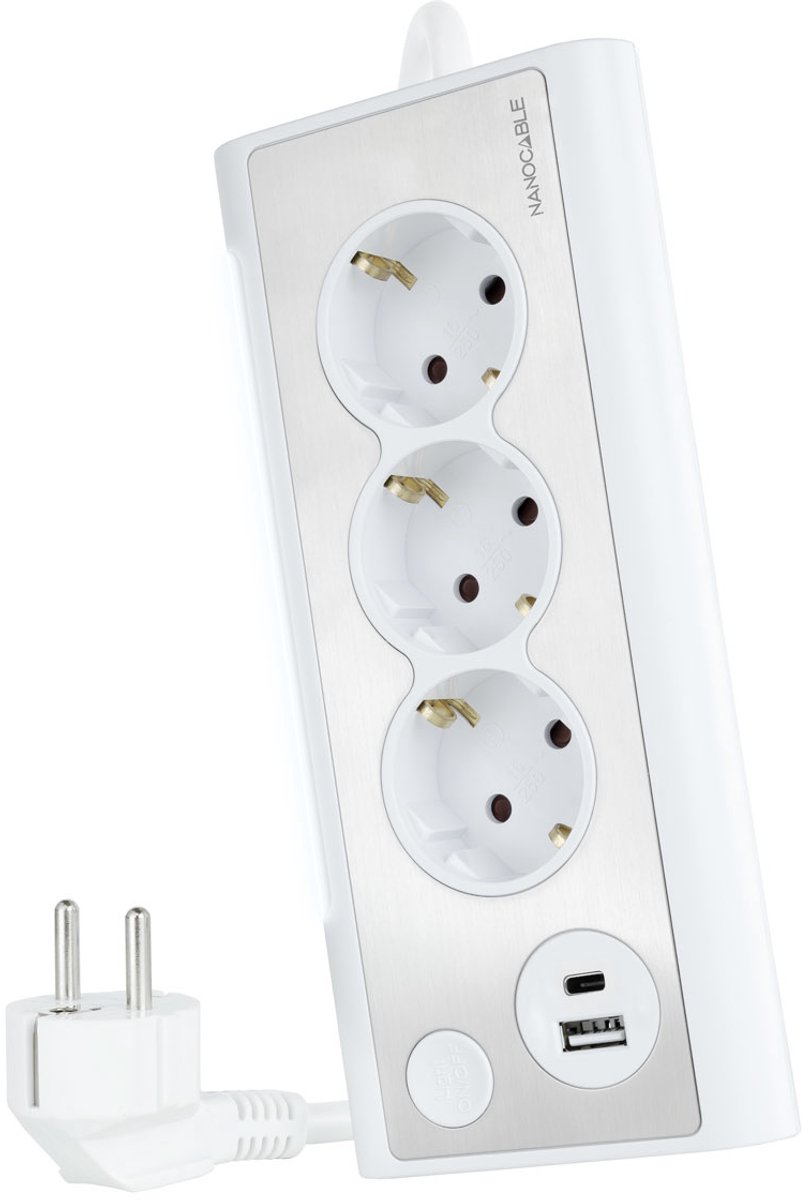 Schuko 3 Way Multi-socket Adapter NANOCABLE 10.37.0013-W USB x 2