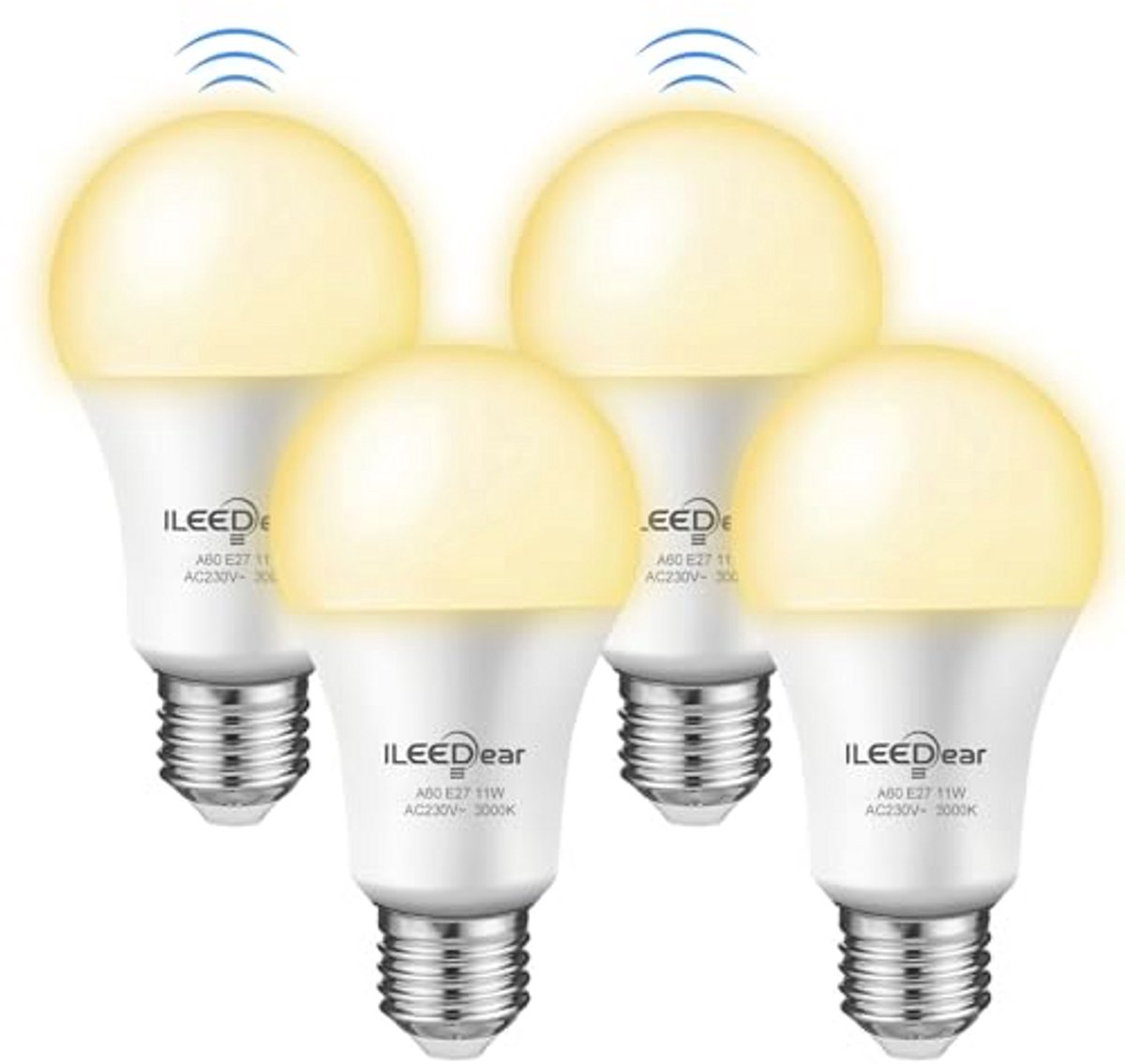 LED-lamp E27 met 5,8 GHz radar-bewegingssensor, 11W Warmwit 3000K – set van 4 voor terras, tuin, ingang en hal