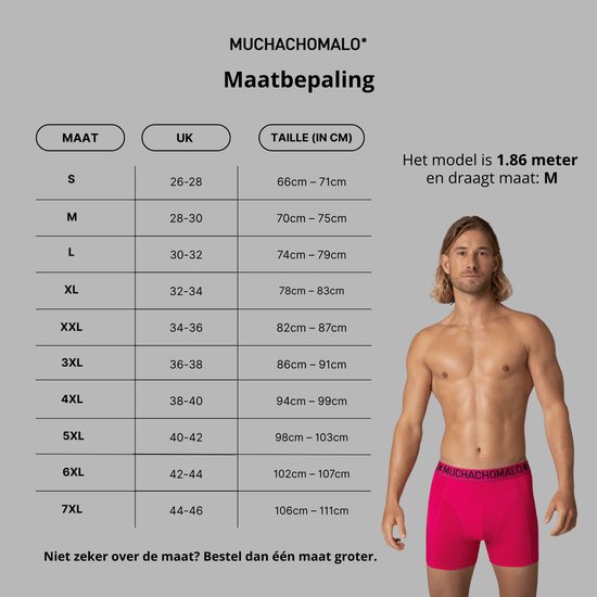 Maattabel voor Muchachomalo boxershorts. Model van 1.86m draagt maat M. Verkrijgbaar in maten S t/m 7XL.
