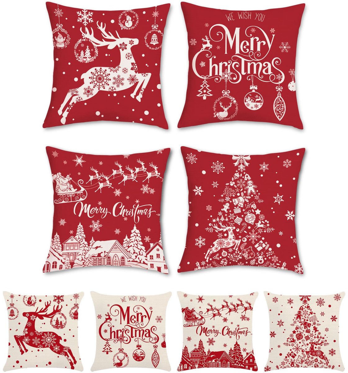 Unyqoos Set van 4 feestelijke kussenslopen met rendiermotief voor kerstdecoratie Rood