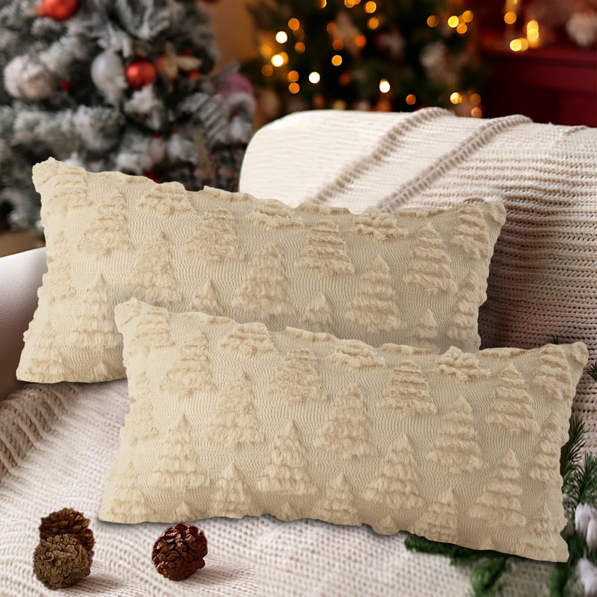 Unyqoos Set van 2 decoratieve kerst kussenhoezen met winterse boomprint Beige