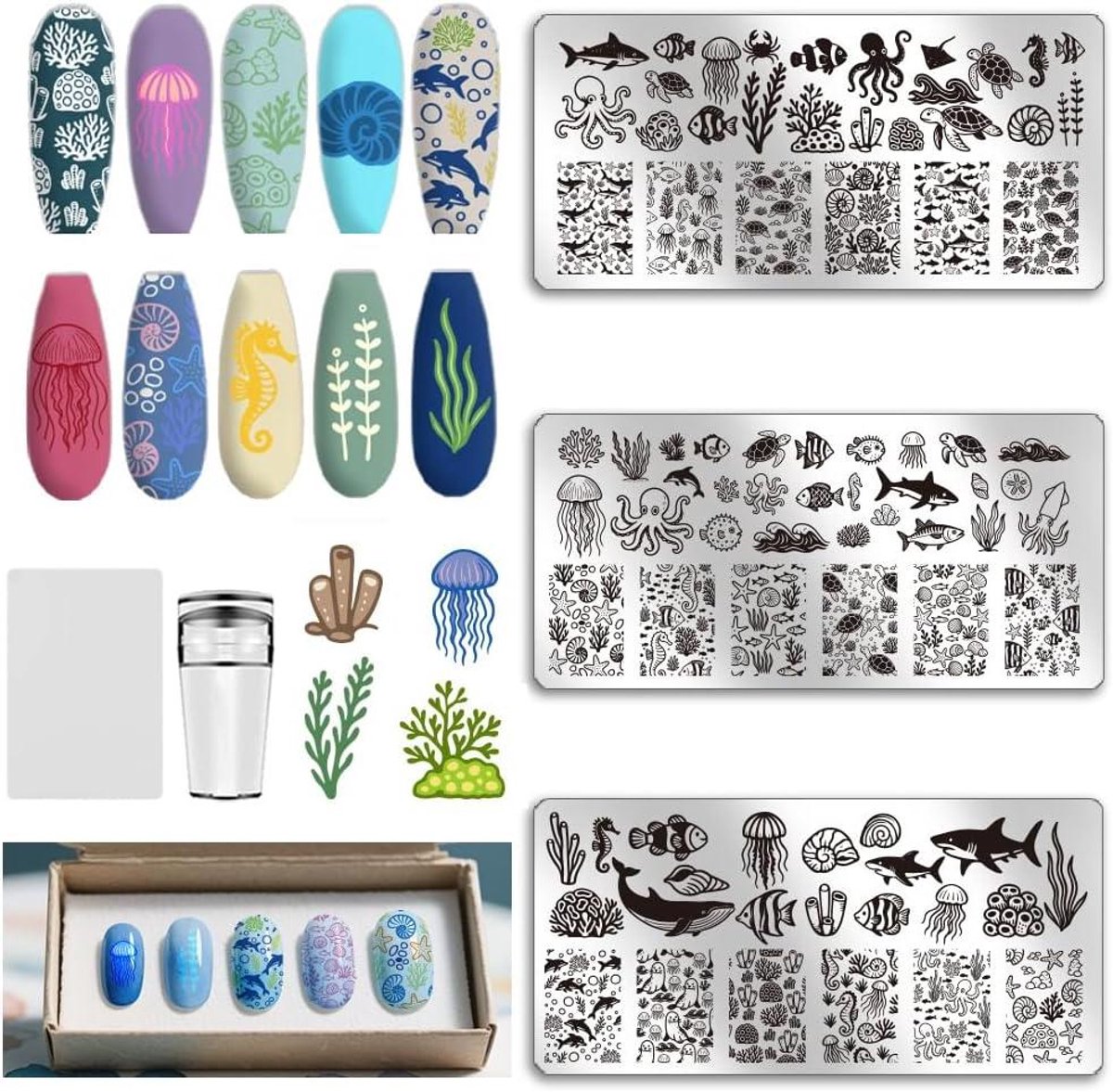TTGoods - Zomer Nagels Stempel Platen Set voor Nail Art Stempelen - Oceaan Serie - Schildpadden Haai Medusa - Stencils Conch - Sjabloon met Stempel en Spacer