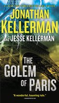 Boekomslag van "The Golem of Paris" met de Eiffeltoren onder een onweersachtige hemel. Met tekst van #1 New York Times bestsellerauteur Jonathan Kellerman.