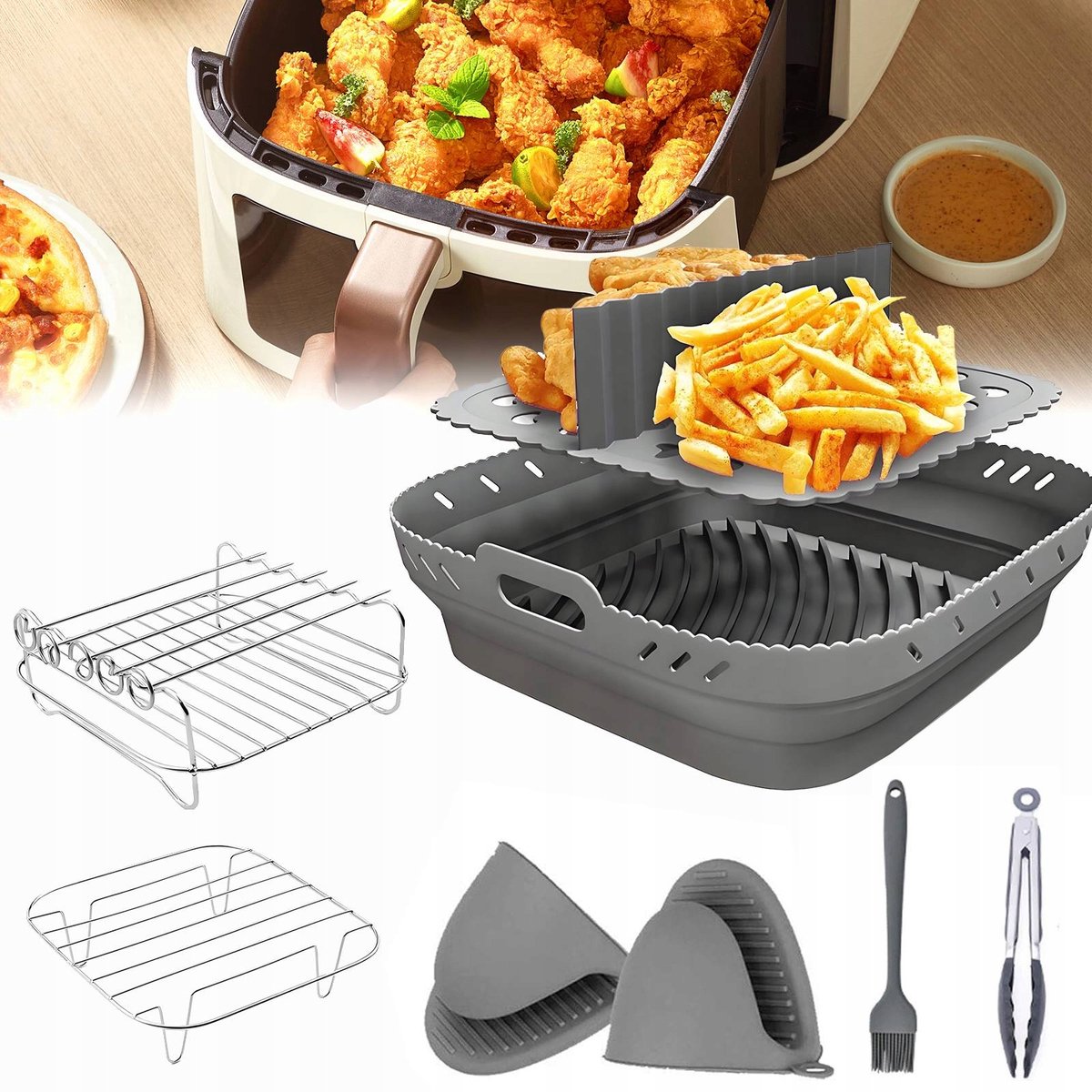 8-delige Airfryer-accessoireset: grill, bakvormen en meer