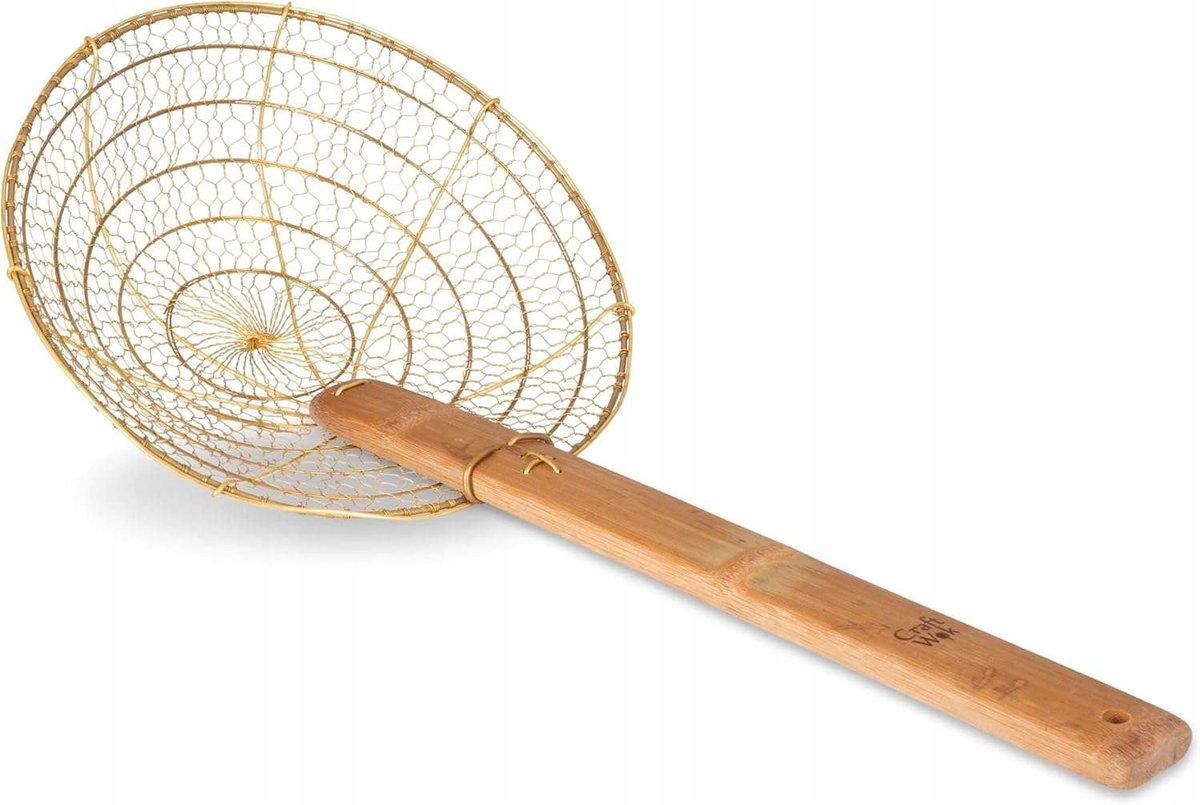 CRAFT WOK Zeef 28 cm Messing Hout Grote Mallas