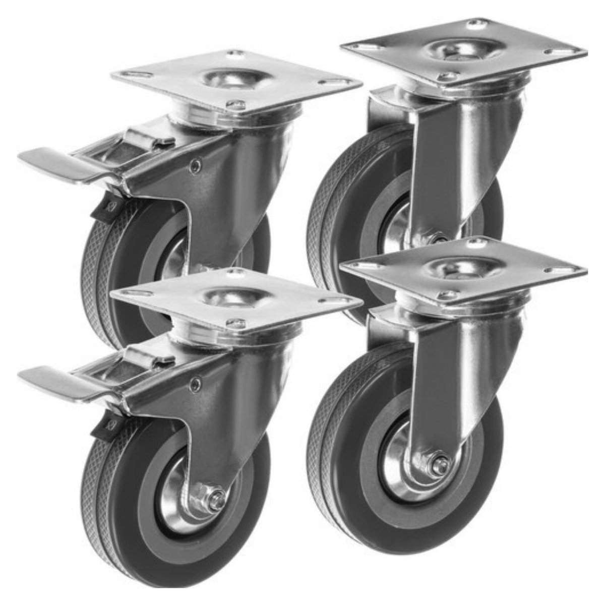 Malatec Zwenkwielen - 4x stuks - zilver/grijs - ijzer - PVC - zwenkwielen met rem - bureaustoel