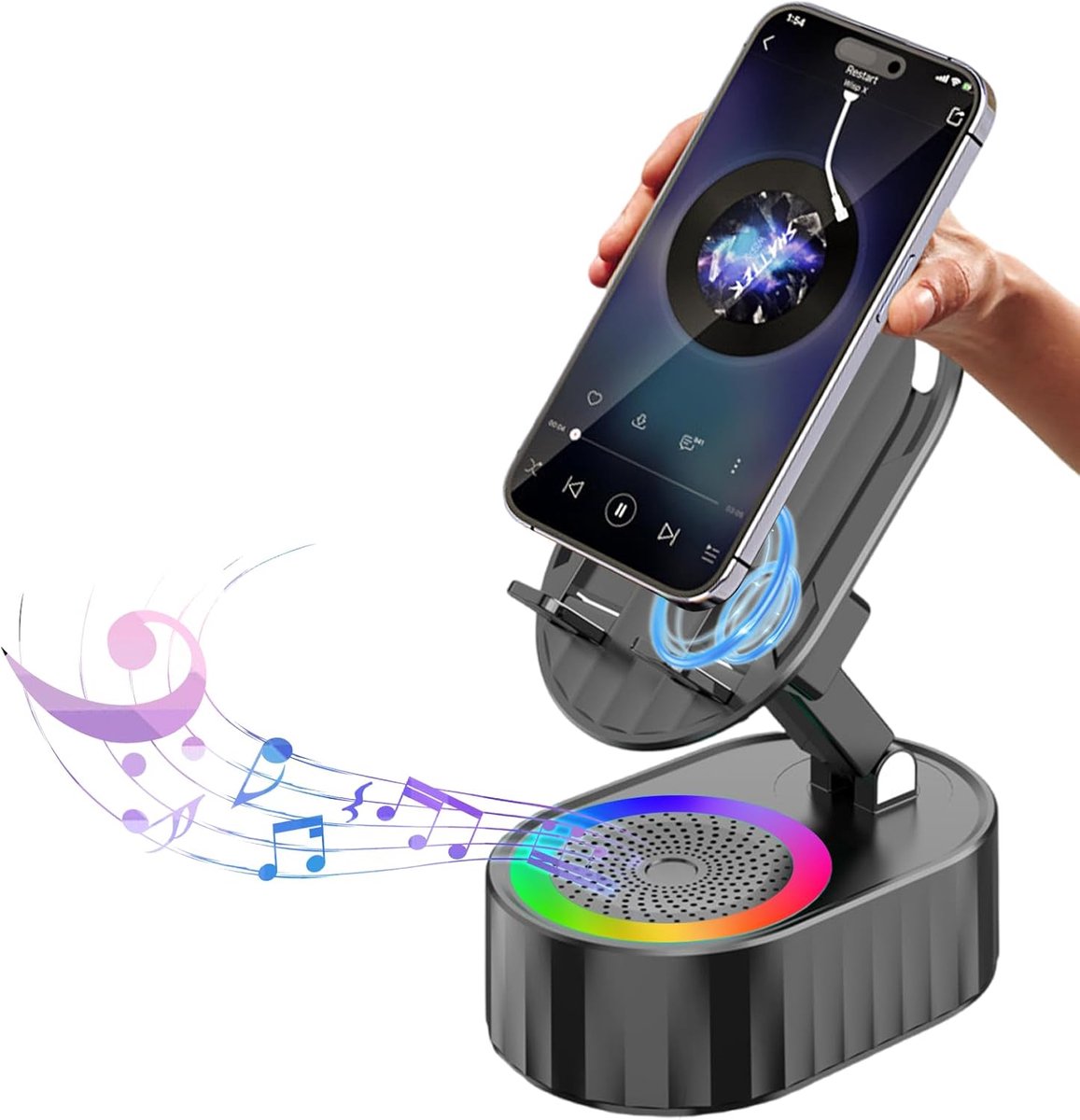 5-in-1 Bluetooth Speaker - Telefoonhouder met 3000mAh Powerbank - Opvouwbare Speaker met RGB Verlichting - Cadeau voor Mannen en Vrouwen - Zwart - 1 Stuk