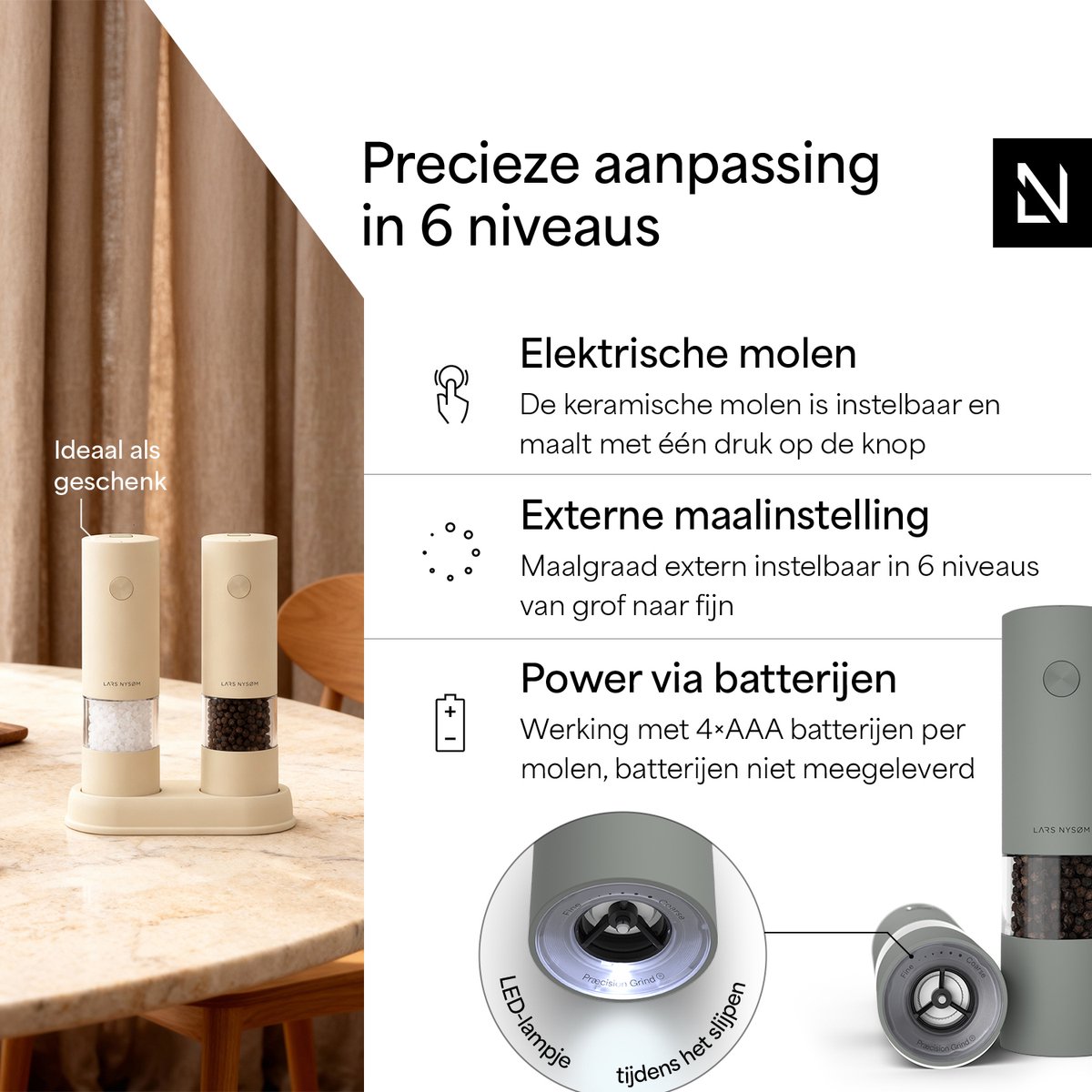 LARS NYSØM Elektrische Zout- en Pepermolenset | Automatische Zout- en Pepermolens met Verstelbare Keramische Maalschijf | Elektrische Kruidenmolen op Batterijen (Ash Gray) — cadeau in Kookcadeaus - foto 2