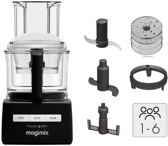 Zwarte Magimix Cuisine 4200XL foodprocessor met accessoires en "1-6 personen" icoon.