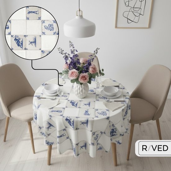 Nappe ronde Raved - Carreaux d'argile/Delft 140 cm ø - Blauw - PVC - Lavable
