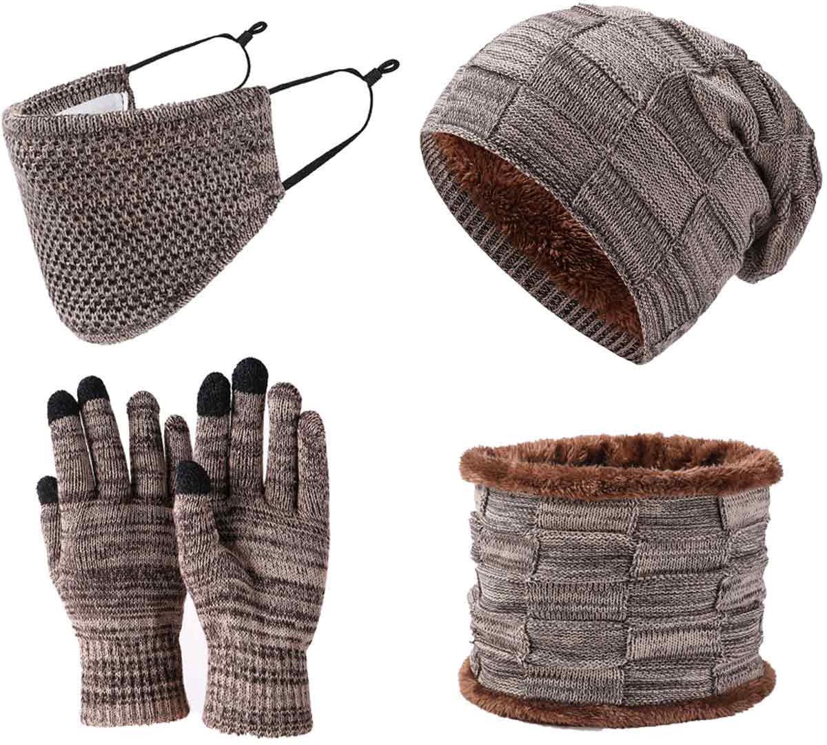 4-delige Winter Set - Gebreide Muts, Sjaal, Gezichtsmasker en Handschoenen - Dames en Heren - Kaki - Warme Fleecevoering