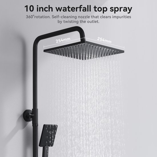 Zwarte 10-inch vierkante douchekop (254x254mm) met regenfunctie.