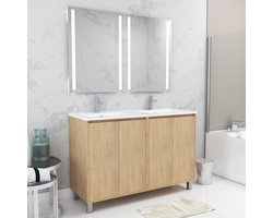 Meuble Salle de Bains 120 cm Chêne Clair 4 Portes, Vasque, Miroirs 60x80 à Leds intégrées - XENOS