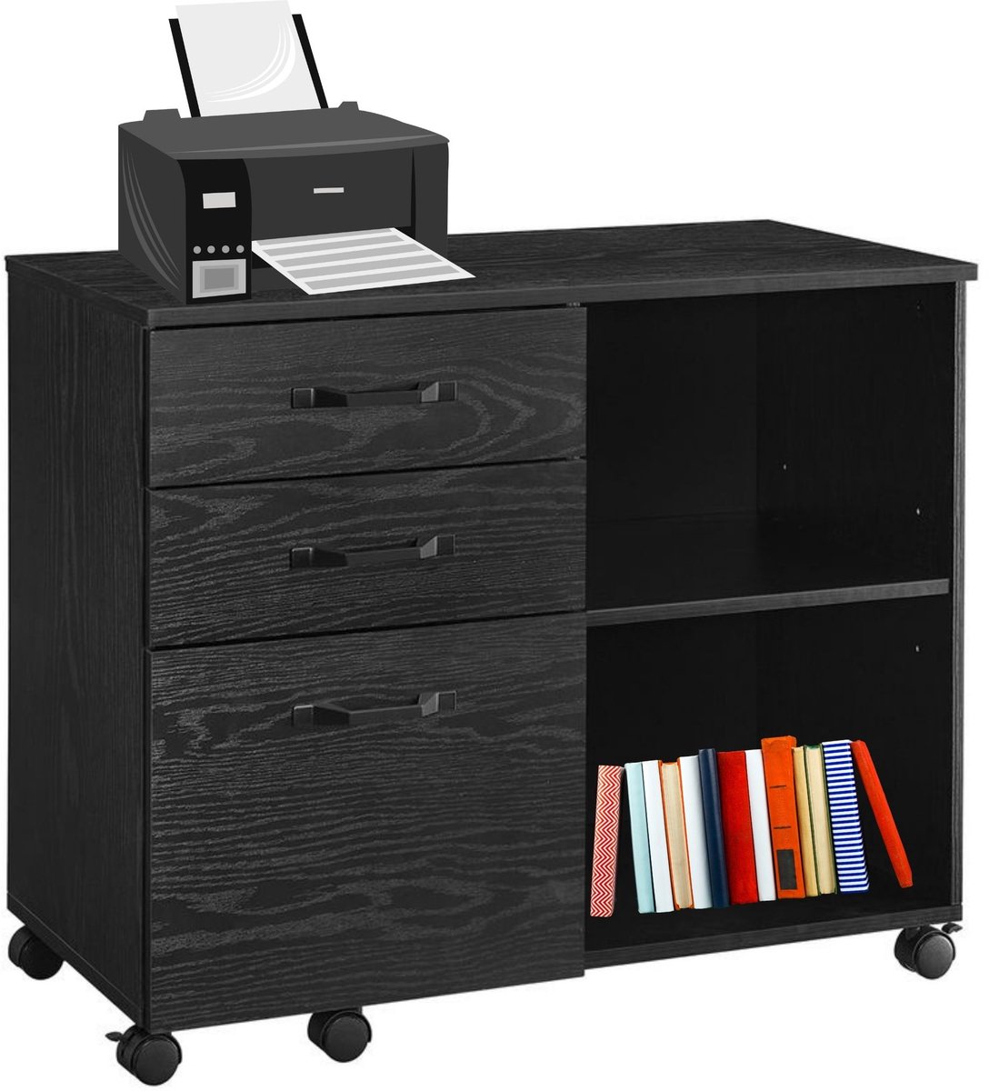 Signature Home Ladeblok - archiefkast met wielen - Kantoorkast 3 laden - zwarte houtlook - 40 x 80 x 66 cm