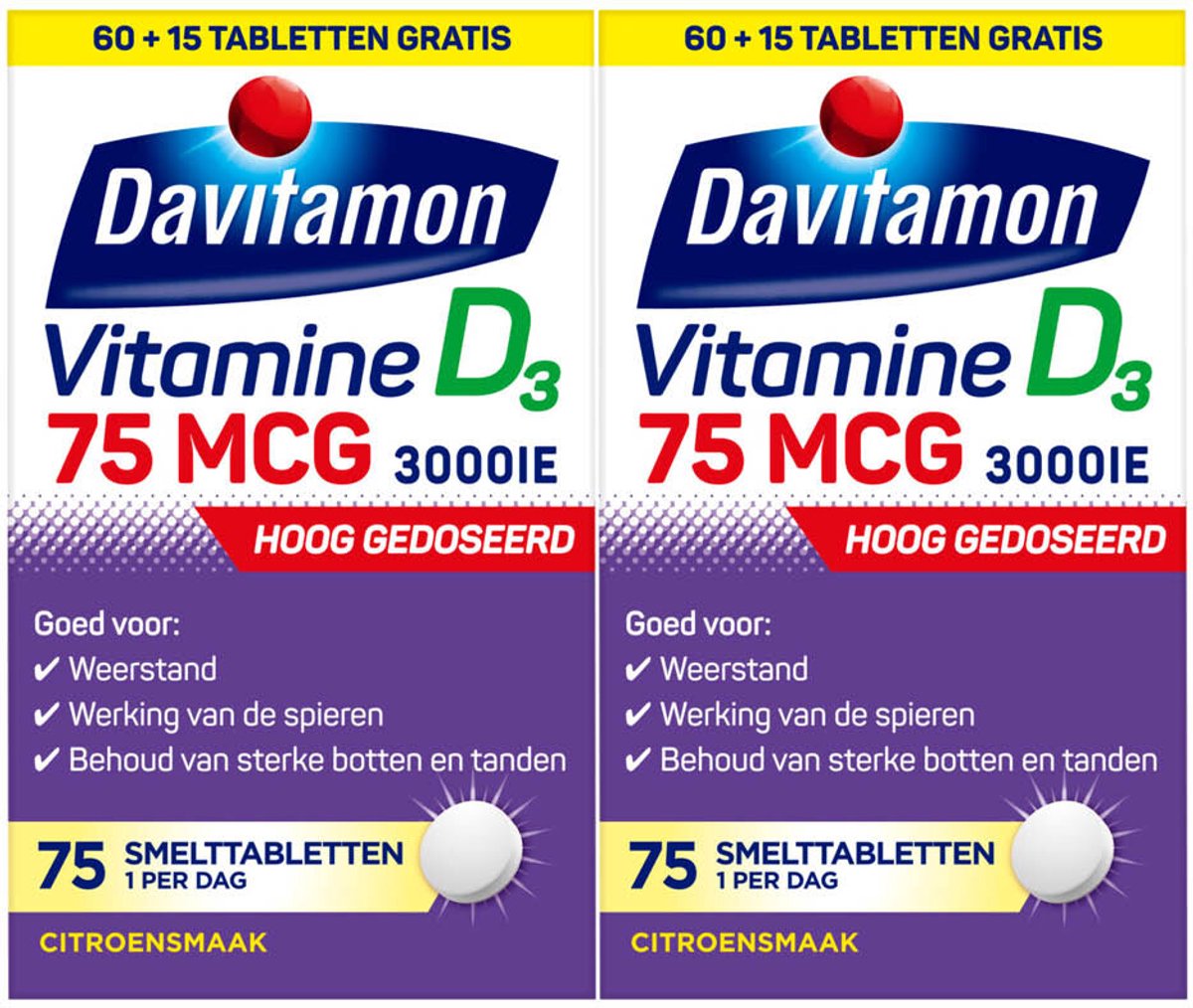 Davitamon Vitamine D3 75mcg Hoog Gedoseerd - 2 x 75 smelttabletten - Voordeelverpakking