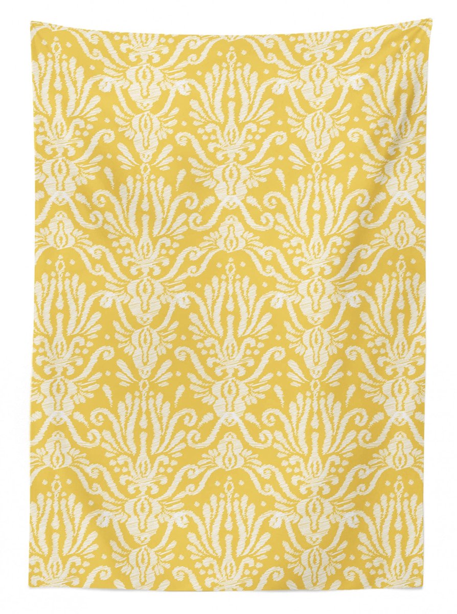 ABAKUHAUS Tafelkleed – Bloemen Ikat Damast – 140x200 cm – Mosterd Ivoor