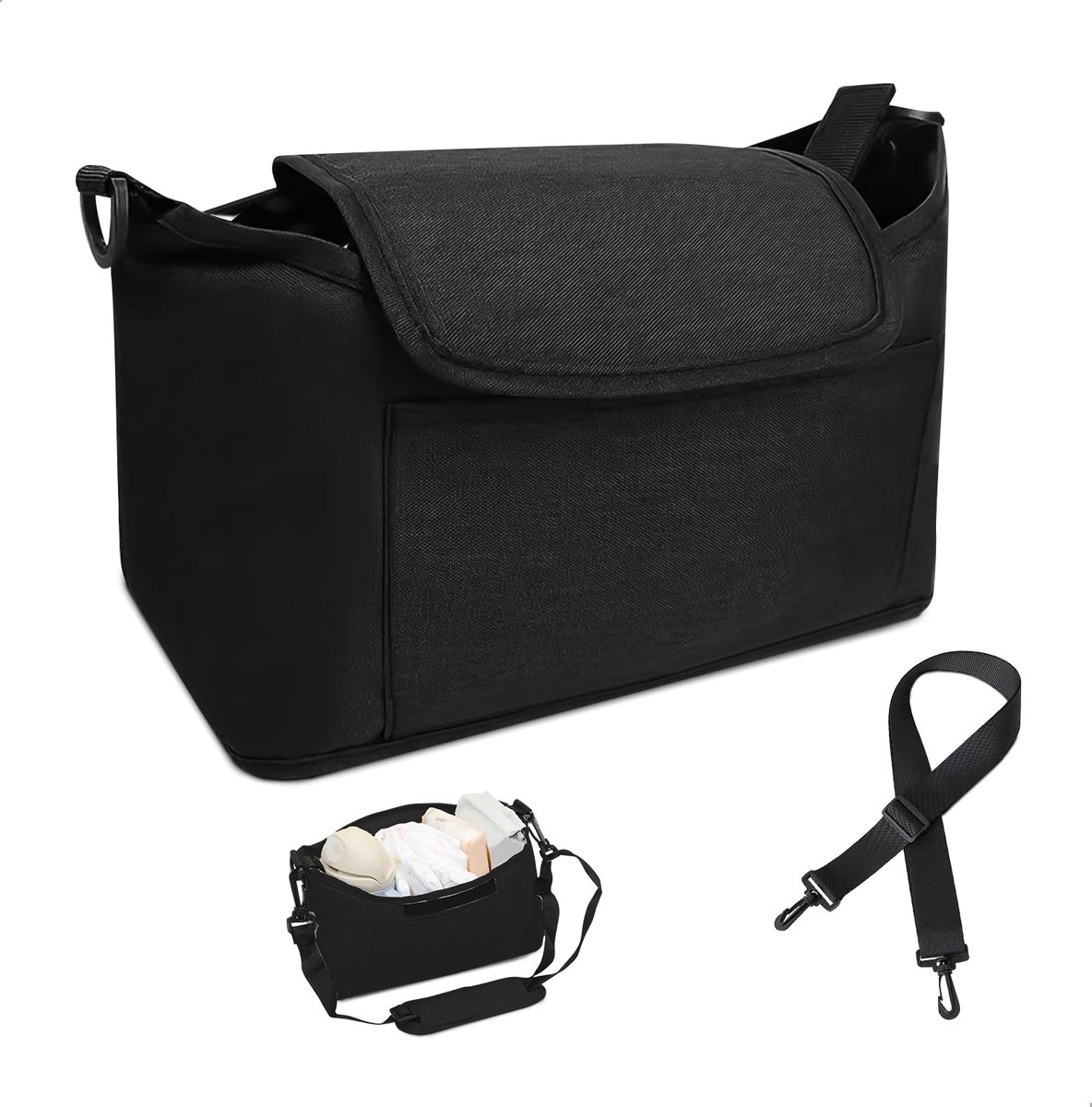 Unyqoos® Universele kinderwagen organizer met schouderriem en fleshouders, zwart