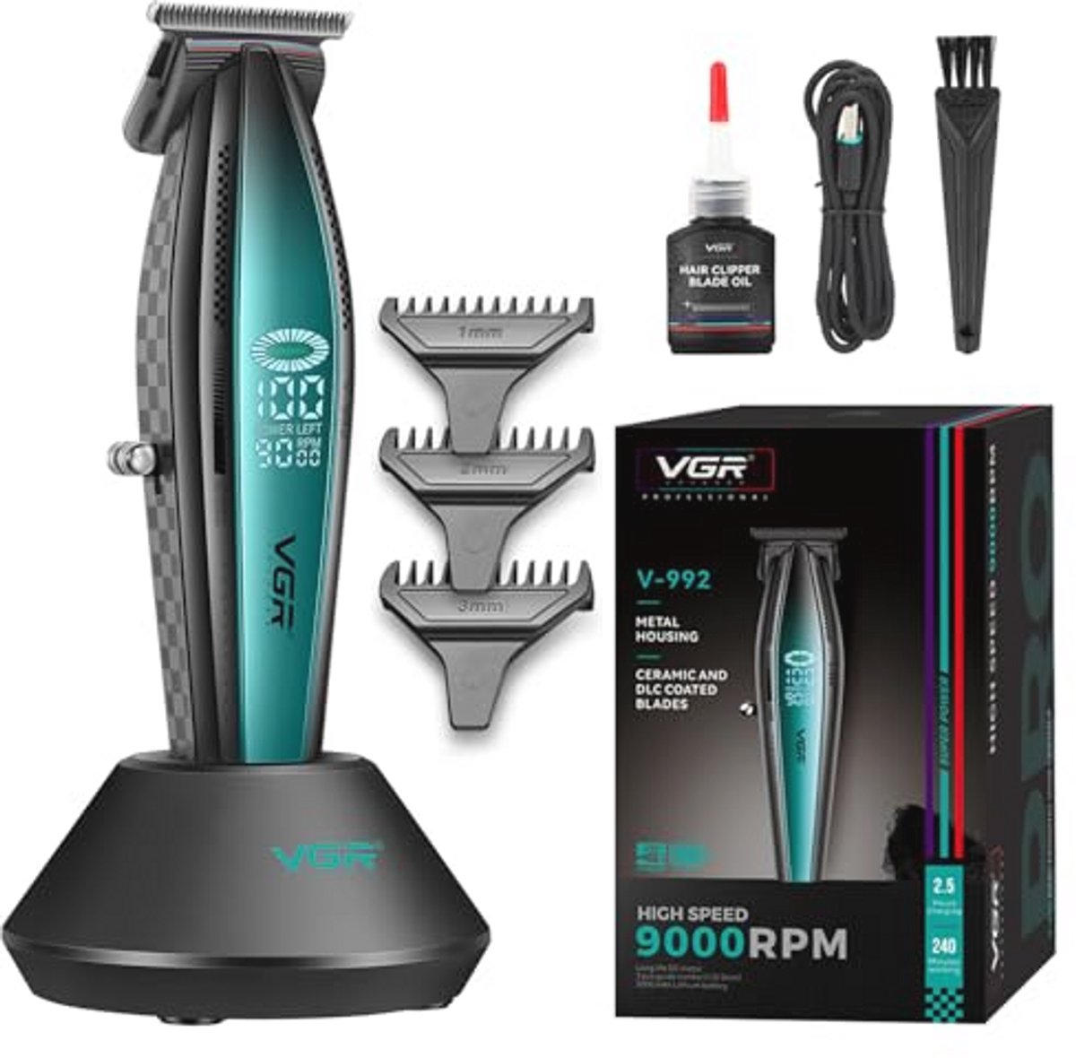 Professionele Draadloze Tondeuse voor Mannen – Zero Gap T-Blade, Scheerapparaat en Baardtrimmer, Metalen Behuizing, 9000RPM, 240 Min Gebruikstijd