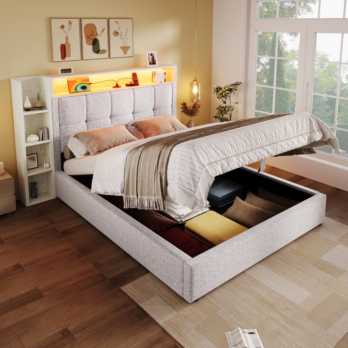 Sweiko Gewatteerd bed - 90 x 200 cm - USB/Type-C - Opbergruimte - LED-verlichting - Linnen